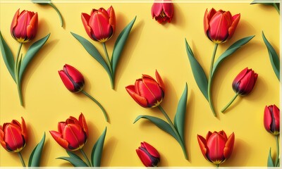 Obraz premium Blossoming tulip fields in a dutch landscape at sunset in the Netherlands