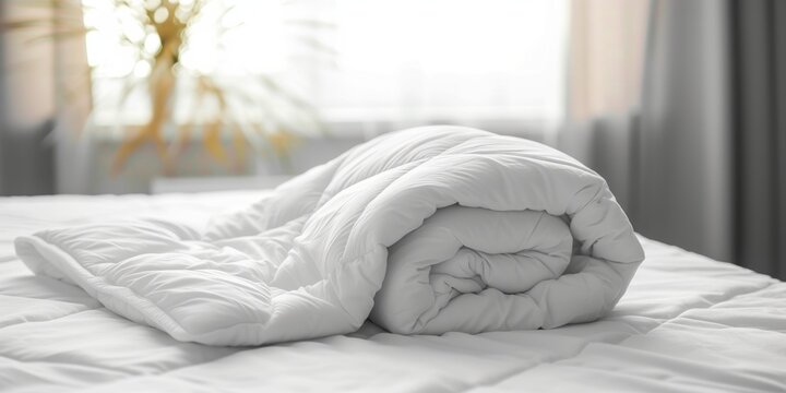 White folded duvet lying on white bed