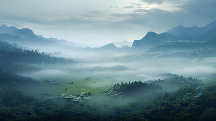 Mystical Mountain Valley in Fog. Generative ai.