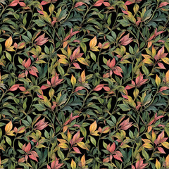 brightly colored detailed stems and leaves on a black background. seamless pattern