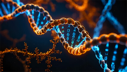 DNA double helix structureof blue and orange color isolated on blue background