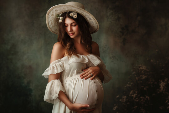 Pregnant woman holding her belly, neutral background, studio photography 
