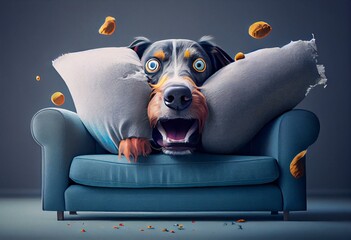 Dog that destroys the sofa cushions with a surprised face, Illustration. Generative AI