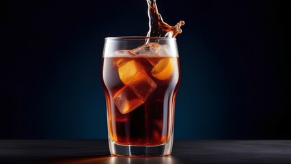 A glass of cold cola with ice, cola splashes flowing into the glass, on a black background
