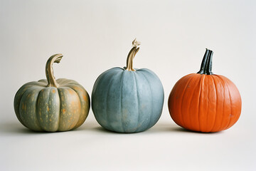 three different colored pumpkins on a white backgroun
