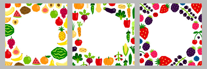 Posters with paper cut fruits, vegetables and berries.