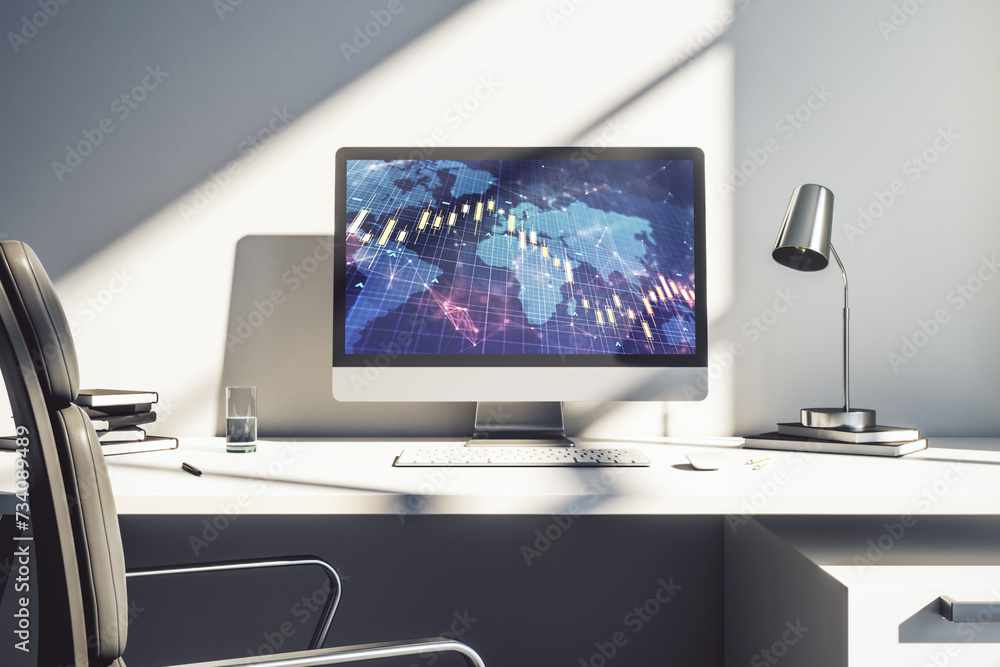 Poster modern computer screen with abstract creative financial chart with world map, research and analytics