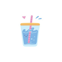 Cute glass with water and a cocktail stick. Quirky character. Isolated flat illustration.