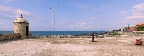 Panoramic view of the lookout tower on the walls of Cartagena de Indias (Colombia), located between...