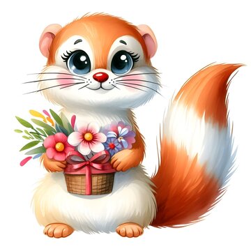 watercolor illustration of a cute weasel. weasel. wild animals