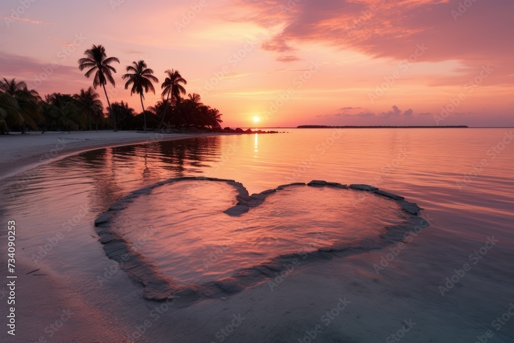 Wall mural A heart shape  is seen on a beach during a stunning sunset.