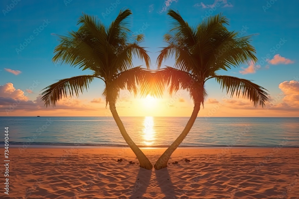 Sticker two palm trees standing atop a sandy beach, under a clear blue sky.