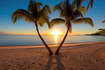 couple of palm trees standing tall on a sandy beach.