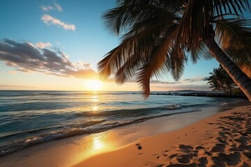A beautiful beach scene with palm trees and the sun setting in a vibrant display of colors.