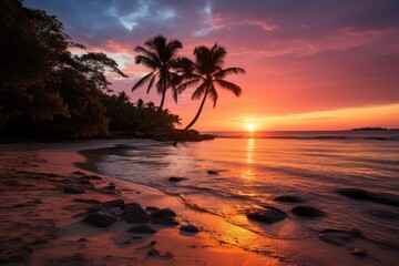 A beautiful sunset on a tropical beach, with palm trees swaying in the breeze and vibrant colors...