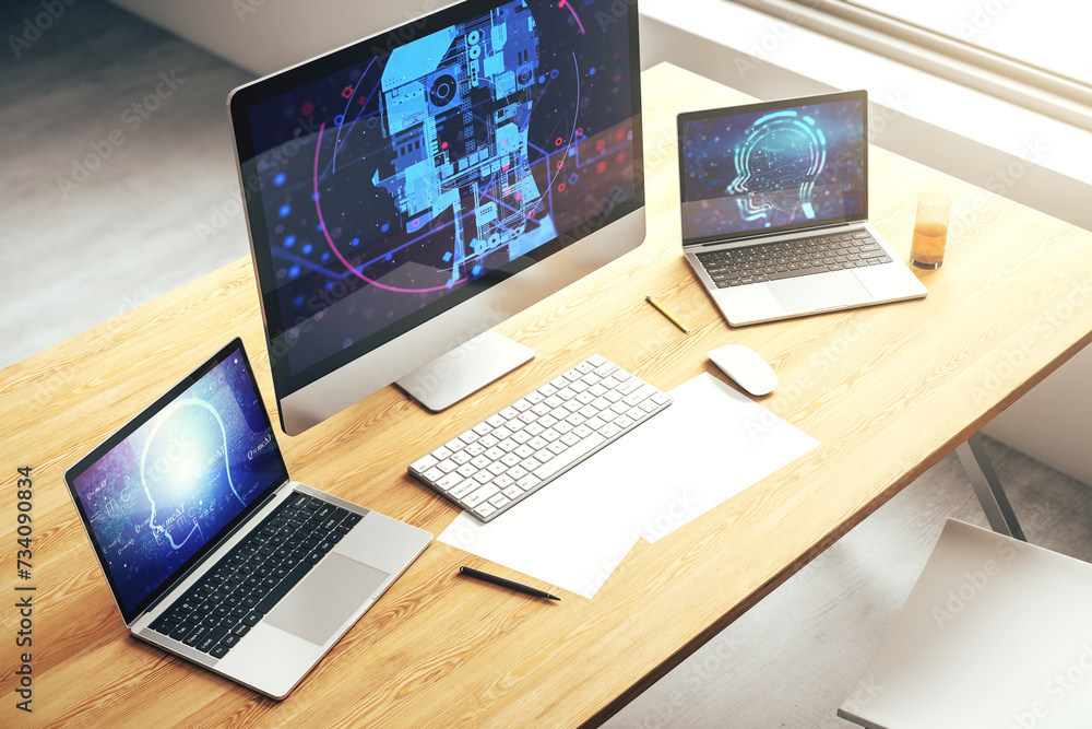 Leinwandbilder modern computer monitor with creative artificial intelligence symbol. neural networks and machine le