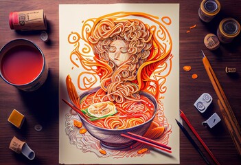 Realistic Ramen Doodle Art: A Colorful and Funny Depiction with a Divine Twist. Generative AI