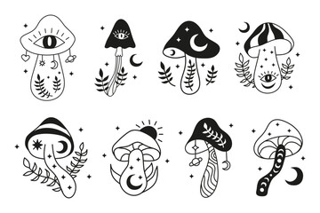 Esoteric boho mushrooms with third eye, moon, leafy twigs and stars.