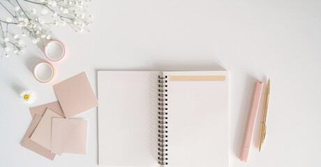 Minimalist and beige aesthetic background banner with notebook and papers, white and pastel pink