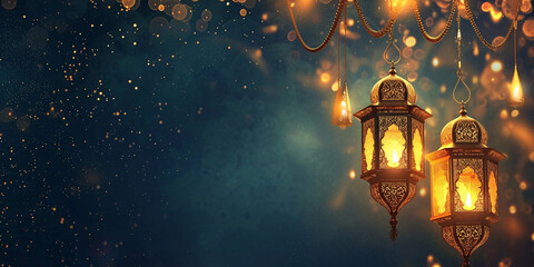 Elegant Ramadan Banner with Glowing Lanterns and Sparkles