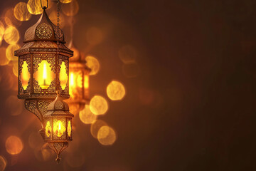 Fototapeta na wymiar Arabesque Patterned Lanterns with Warm Bokeh Lights
