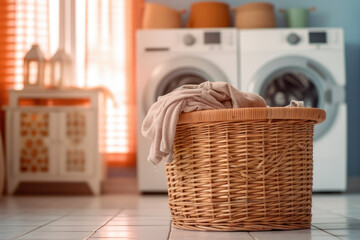 A wicker laundry basket filled with clothes sits in a sunlit room with washing machines in the background, suggesting domestic life and chores. - obrazy, fototapety, plakaty
