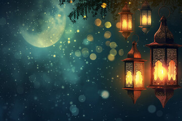 Ramadan Lanterns Hanging on a Branch with Crescent Moon and Bokeh Background


