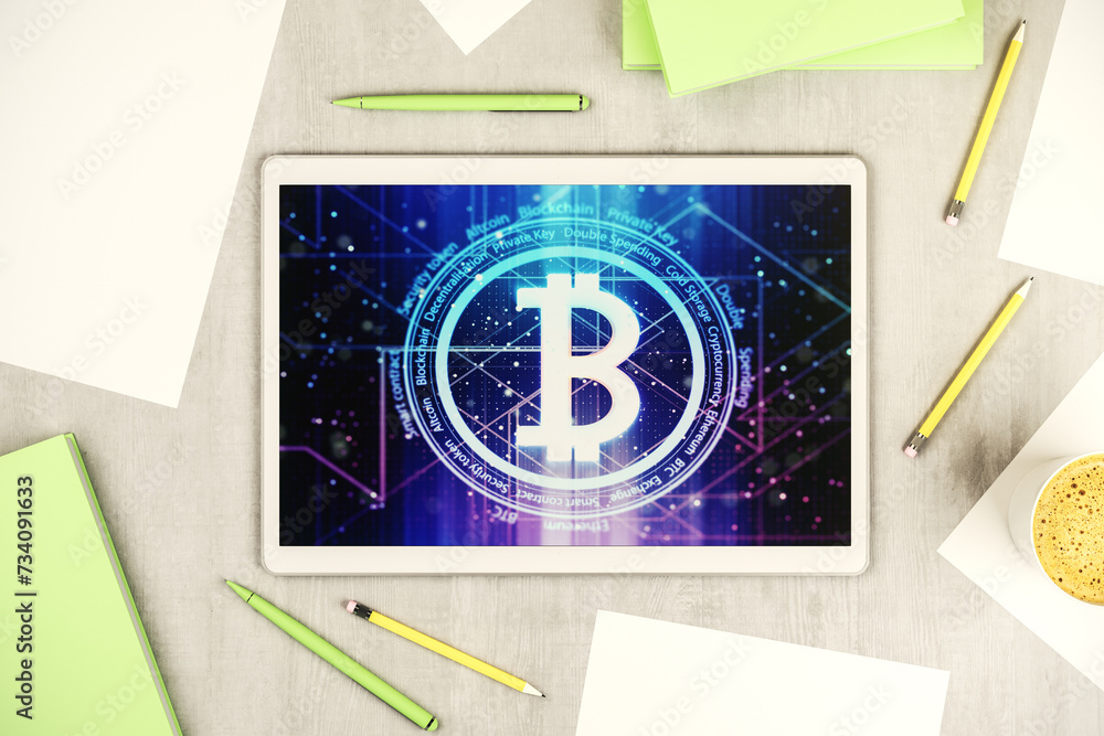 Aufkleber Creative Bitcoin concept on modern digital tablet screen. Top view. 3D Rendering