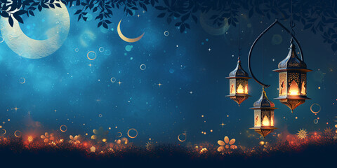 Decorative Lanterns and Crescent Moons with Festive Lights on Floral Background




