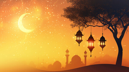 Ramadan Lanterns Hanging from Tree with Crescent Moon and Mosque Silhouette




