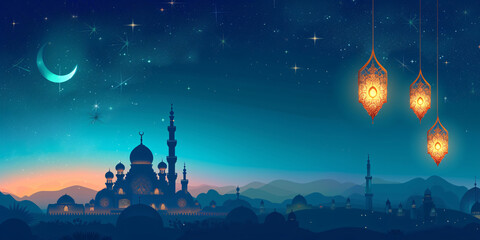 Ornate Lanterns and Crescent Moon Over Mosque Silhouette in Starry Night Sky




