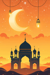 Mosque Silhouette with Hanging Lanterns and Crescent Moon in Twilight Sky Ramadan Kareem




