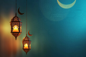 Hanging Lanterns with Crescent Moons in a Starlit Ramadan Kareem Night




