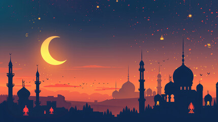 Mosque Silhouette with Hanging Lanterns and Crescent Moon in a Starry Night Sky




