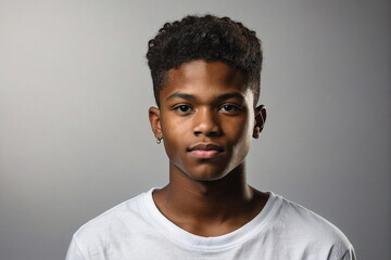 African american teenager ,male model, student portrait in White T-Shirt looking at camera on gray background. 
