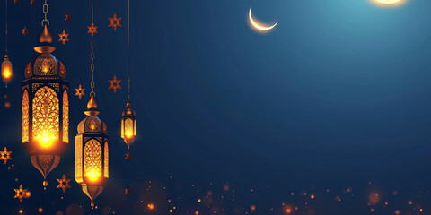 Ramadan Banner with Hanging Lanterns, Crescent Moon and Stars