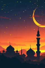 Perfect Ramadan Background with Crescent Moon and Mosque Silhouettes