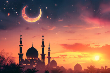 Islamic Mosque Silhouette with Crescent Moon and Stars Against Night Sky

