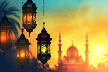 Islamic Lanterns and Mosque Silhouette at Sunset for Ramadan