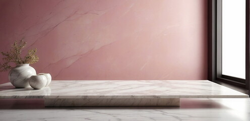 Fototapeta na wymiar White marble table for product display presentation near pastel pink wall and big window. Empty living room.