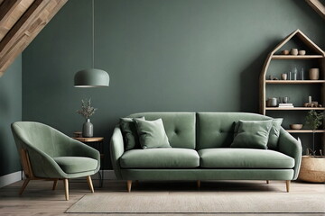 modern living room in pastel green beige colors and sunlight shadow. Scandinavian design
