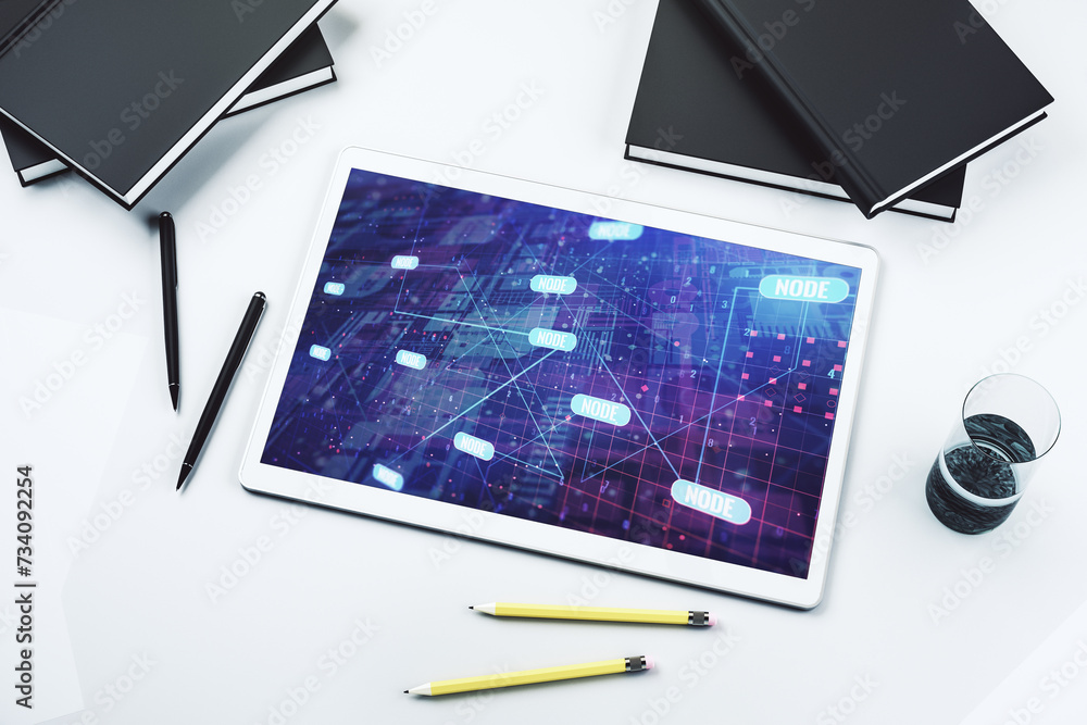 Leinwandbilder top view of modern digital tablet display with abstract software development hologram, research and 