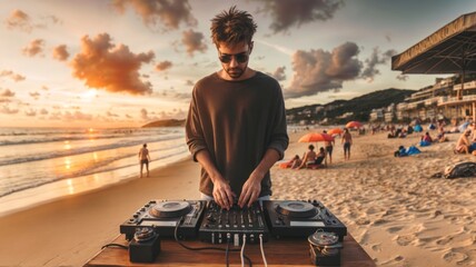 A DJ playing music on a turntable on the beach while people relax and enjoy the sunset.