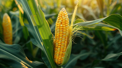A close-up view of ripe corn cobs nestled among the vibrant green leaves of the corn plants in the expansive plantation field, showcasing the beauty of nature's bounty