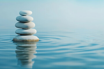 Obraz na płótnie Canvas A perfectly balanced stack of smooth, rounded zen stones emerges from the calm, clear blue water, creating a peaceful and harmonious backdrop