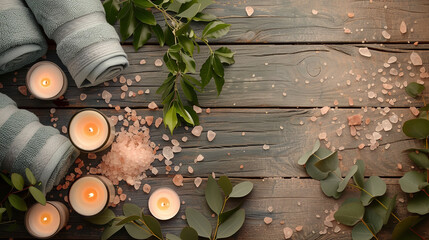 A relaxing spa setup meticulously arranged on a rustic wooden background
