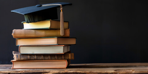 a stack of book with mortarboard on top of it, wooden table and black background