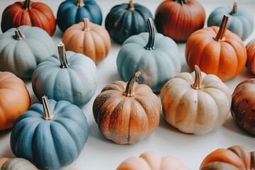 various colored pumpkins laid out on white in the sty