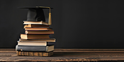 a stack of book with mortarboard on top of it, wooden table and black background - obrazy, fototapety, plakaty