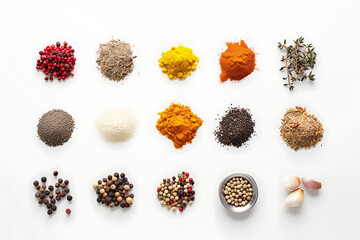 various spices on a white background in the style of 